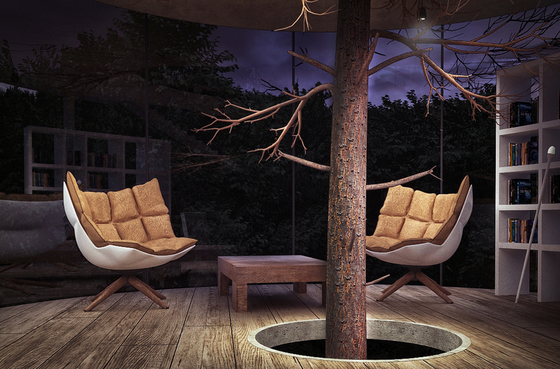 Illustration for article titled A tree grows inside this cylindrical transparent house
